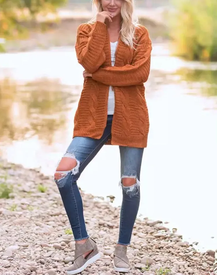 Solid Color Knit Long Cardigan Plus Size S-3XL