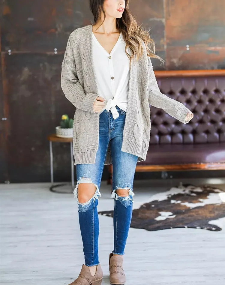 Solid Color Knit Long Cardigan Plus Size S-3XL