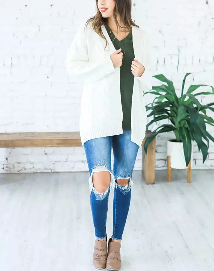Solid Color Knit Long Cardigan Plus Size S-3XL
