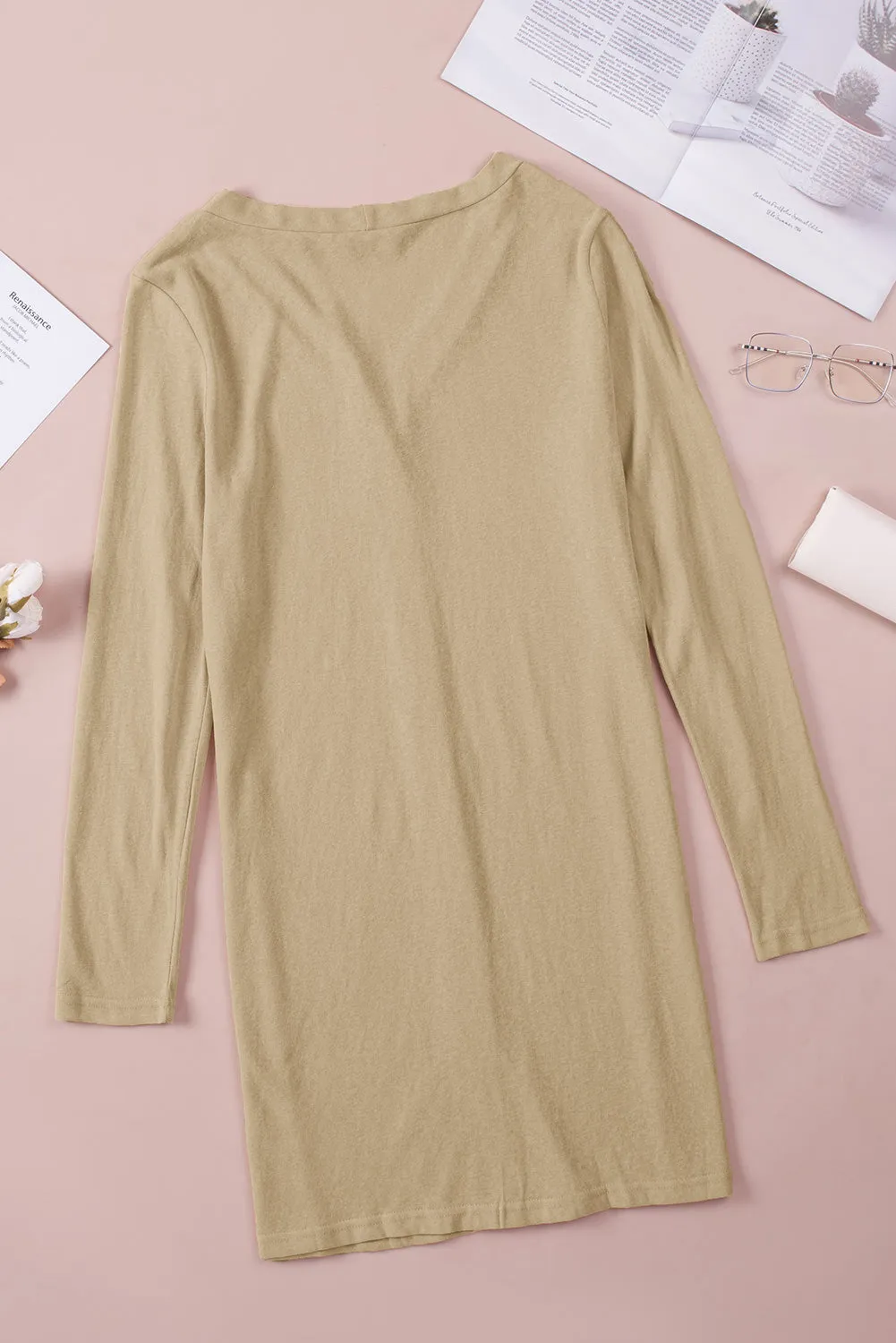 Solid Color Open-Front Buttons Brown Cardigan