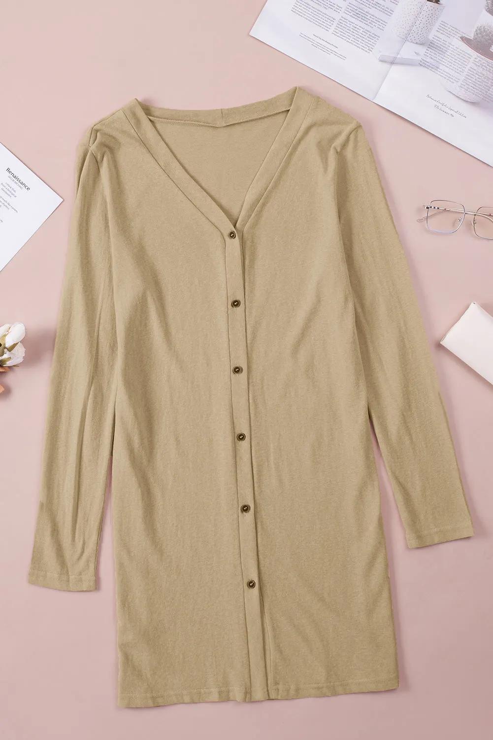Solid Color Open-Front Buttons Brown Cardigan