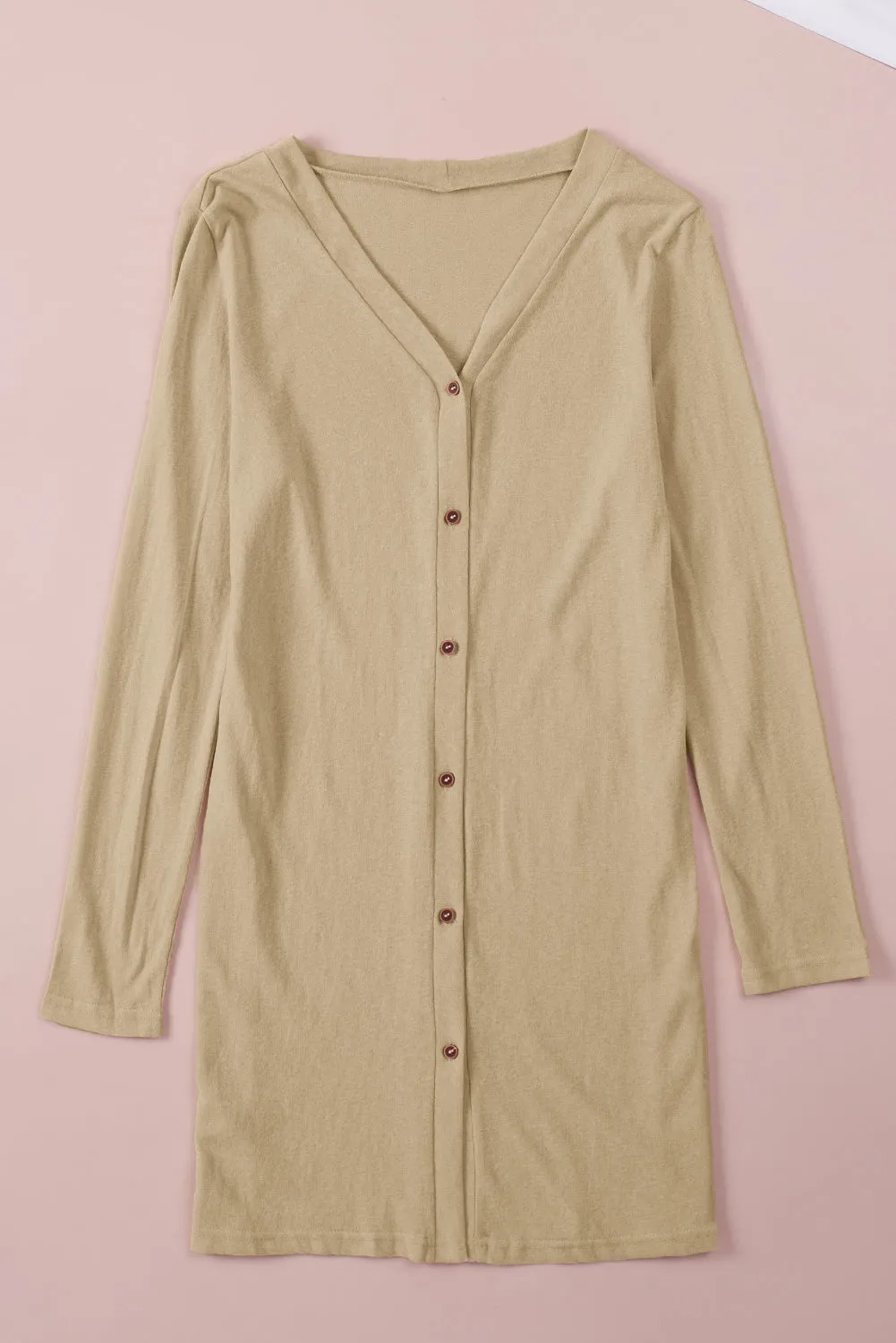 Solid Color Open-Front Buttons Brown Cardigan