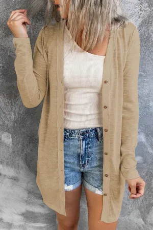 Solid Color Open-Front Buttons Brown Cardigan