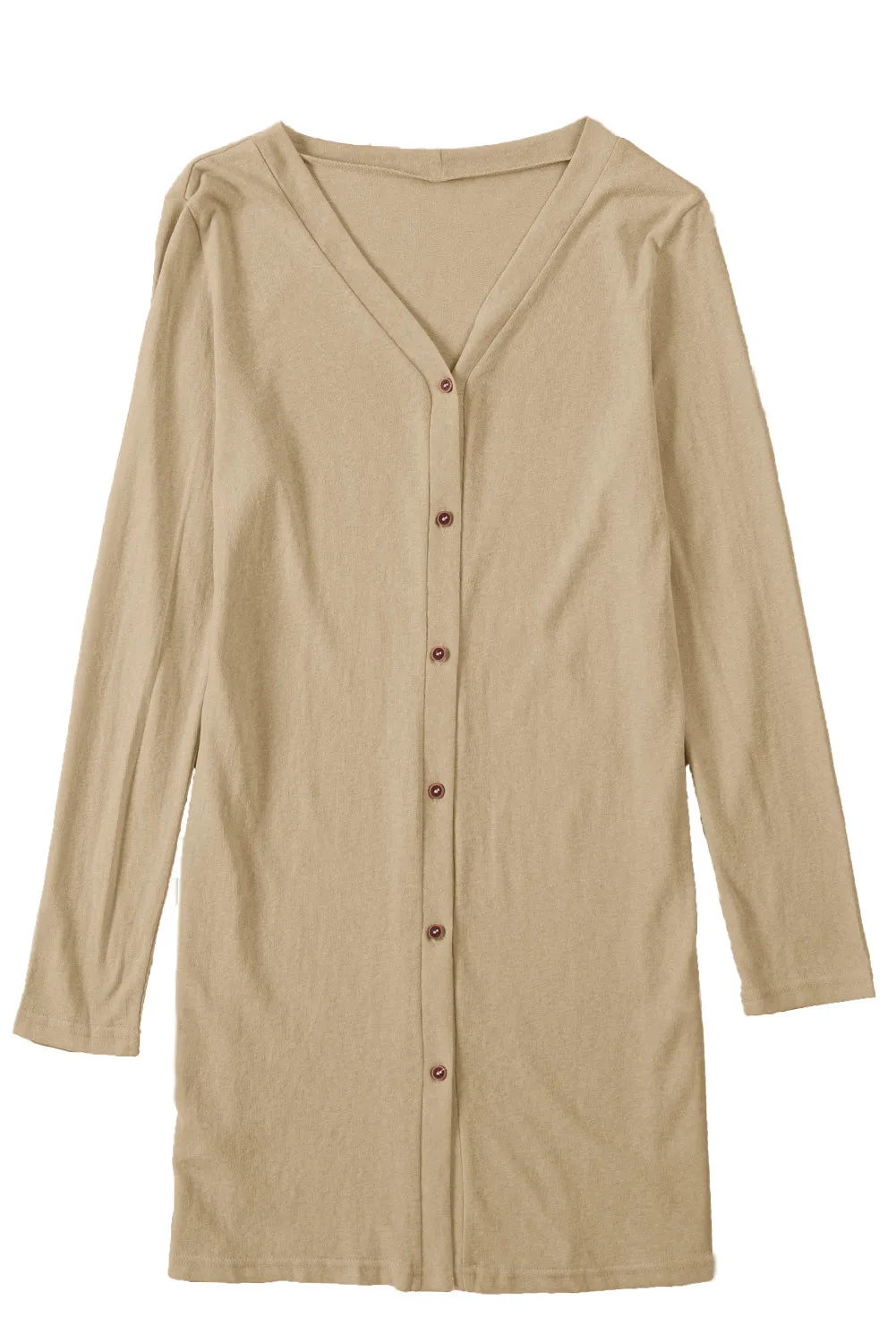Solid Color Open-Front Buttons Brown Cardigan