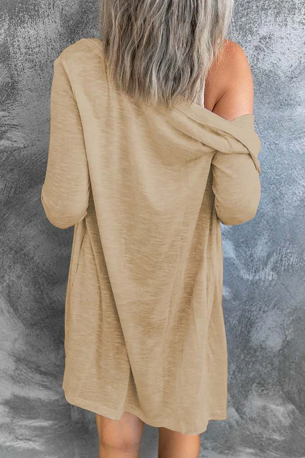 Solid Color Open-Front Buttons Brown Cardigan
