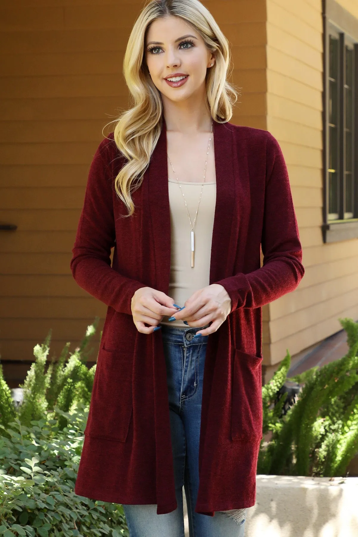 Solid Front Pockets Open Cardigan