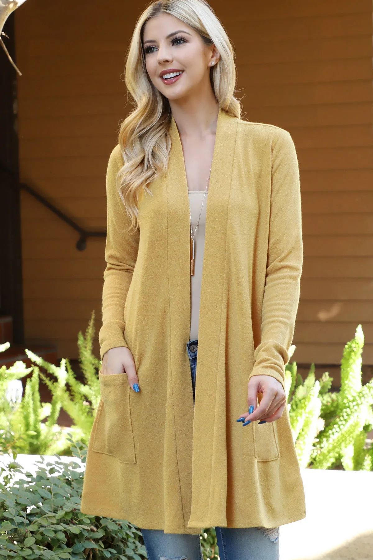 Solid Front Pockets Open Cardigan