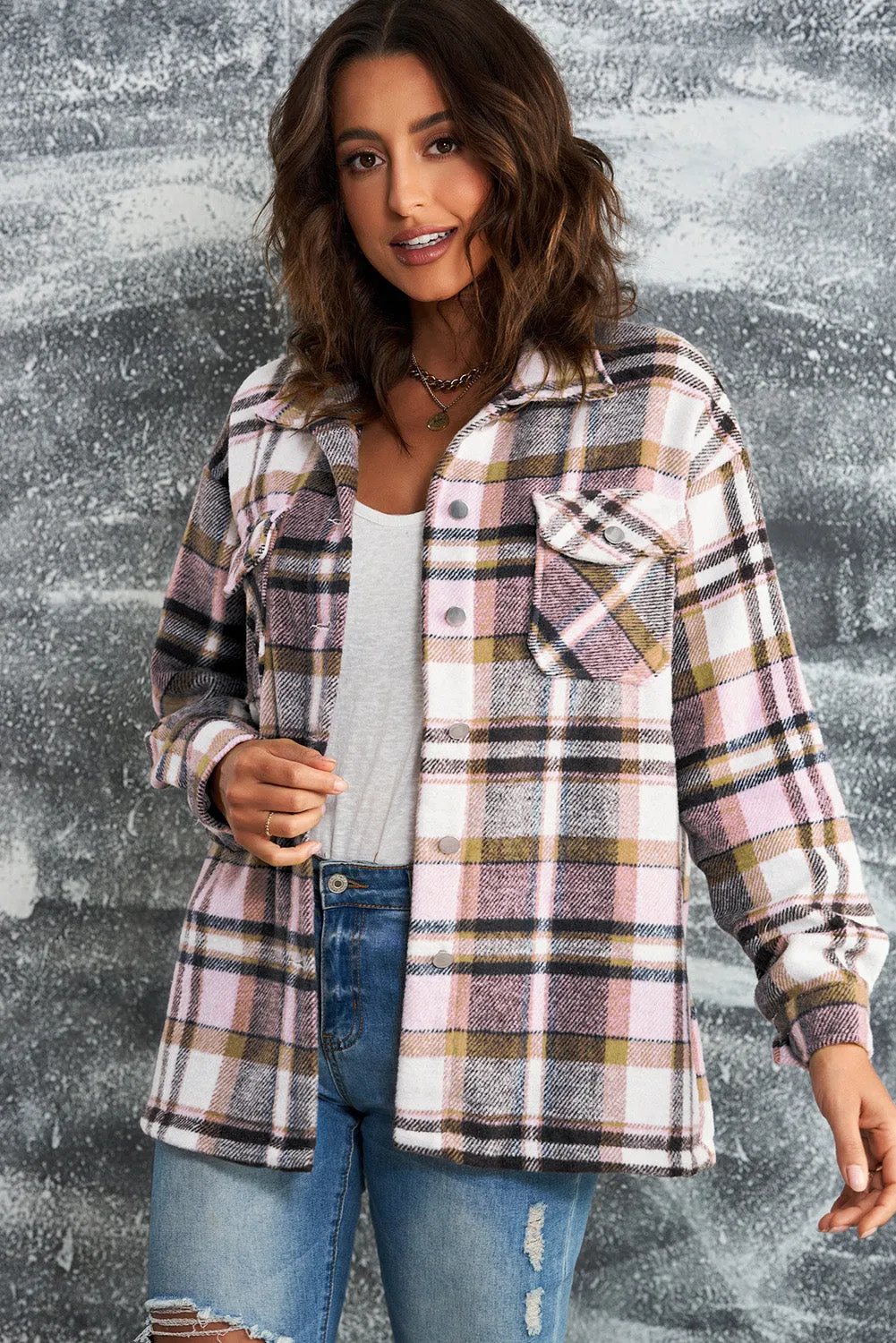 Sonnie Plaid Button Front Shirt Jacket with Breast Pockets