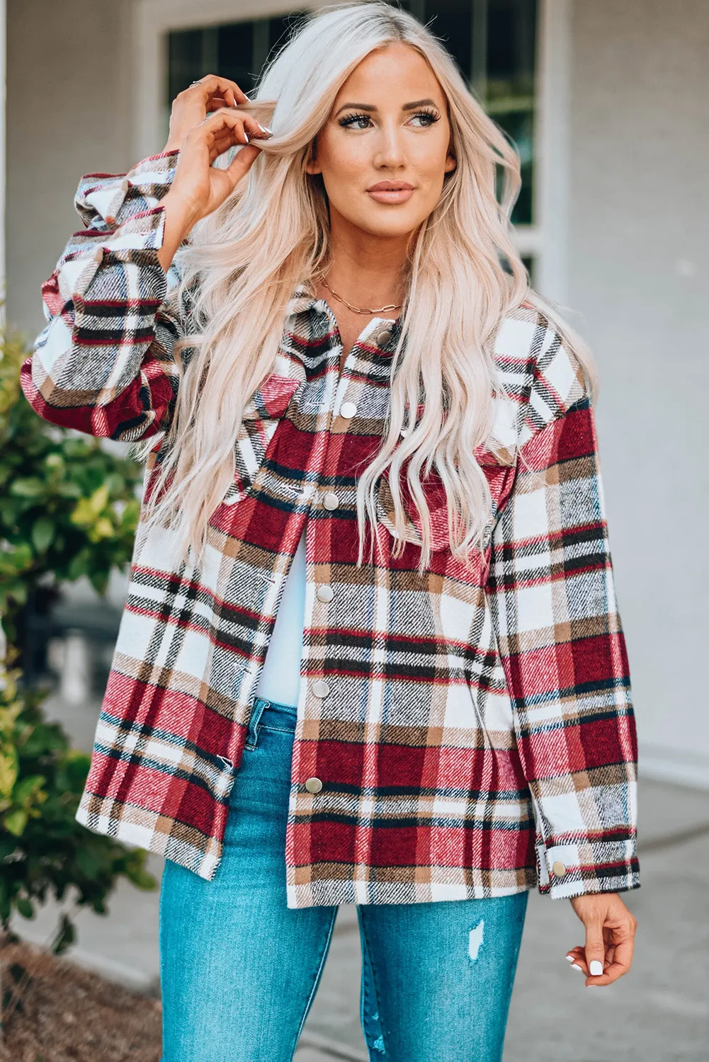 Sonnie Plaid Button Front Shirt Jacket with Breast Pockets