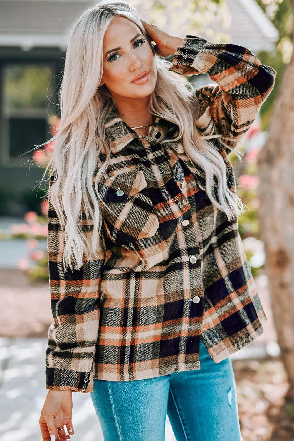 Sonnie Plaid Button Front Shirt Jacket with Breast Pockets
