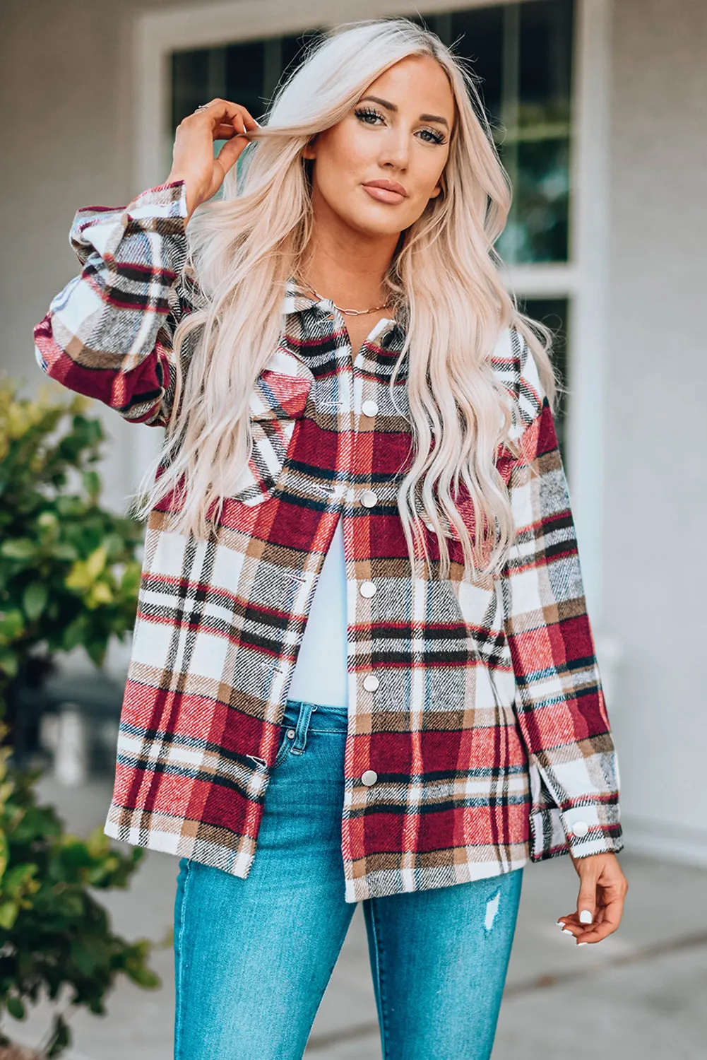 Sonnie Plaid Button Front Shirt Jacket with Breast Pockets
