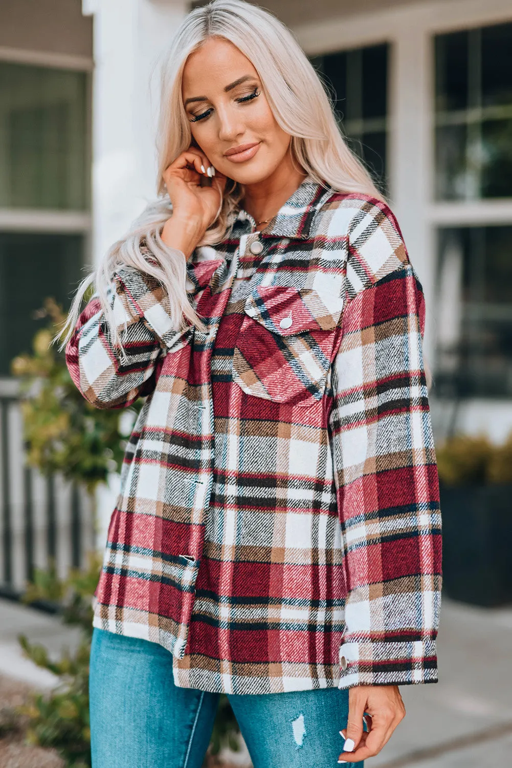 Sonnie Plaid Button Front Shirt Jacket with Breast Pockets