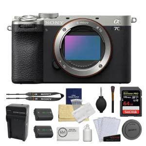 Sony a7C II Mirrorless Camera | Silver Bundle with 64GB Memory Card   Battery and Charger   Screen Protectors   Cleaning Cloth (7 Items)