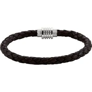 Stainless Steel & Black Braided Leather 9" Bracelet with Magnetic Clasp