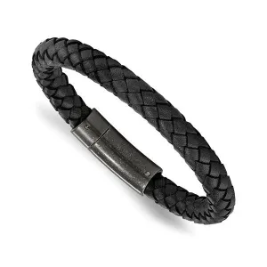Stainless Steel Brushed Clasp and Black Braided Leather Bracelet