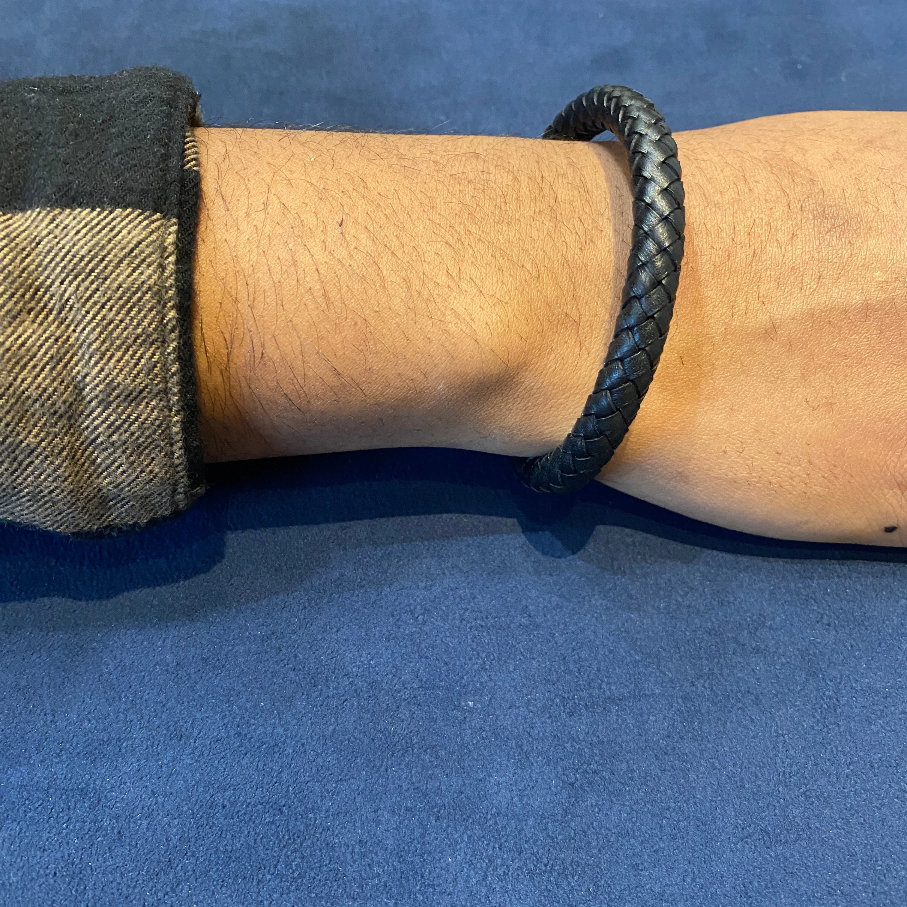 Stainless Steel Brushed Clasp and Black Braided Leather Bracelet