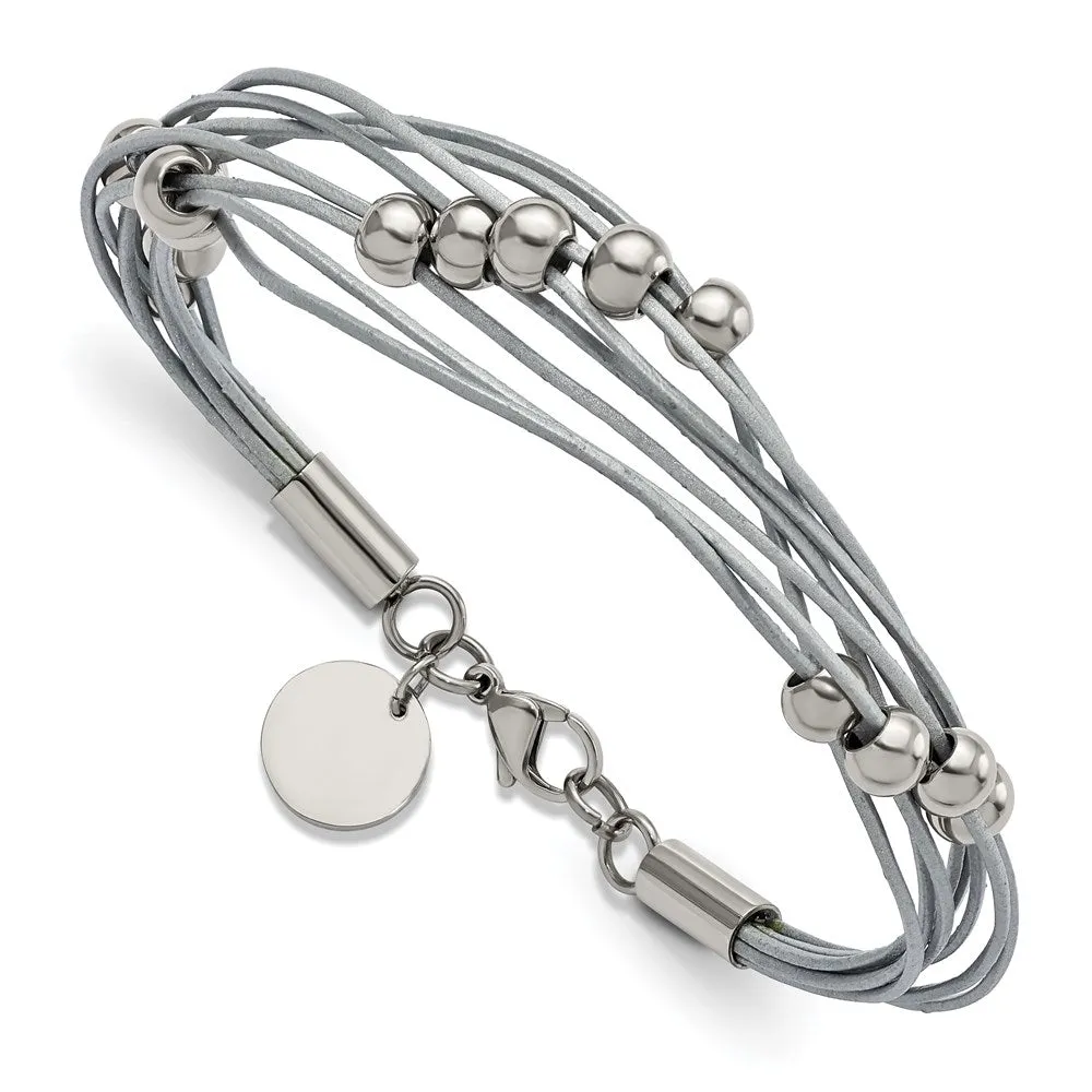 Stainless Steel Polished Beaded Multi-Strand Grey Leather 8in Bracelet