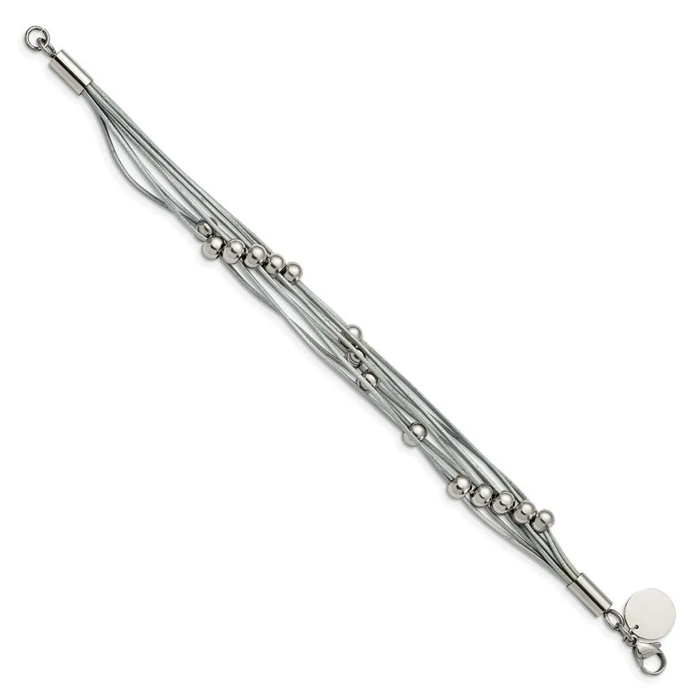 Stainless Steel Polished Beaded Multi-Strand Grey Leather 8in Bracelet