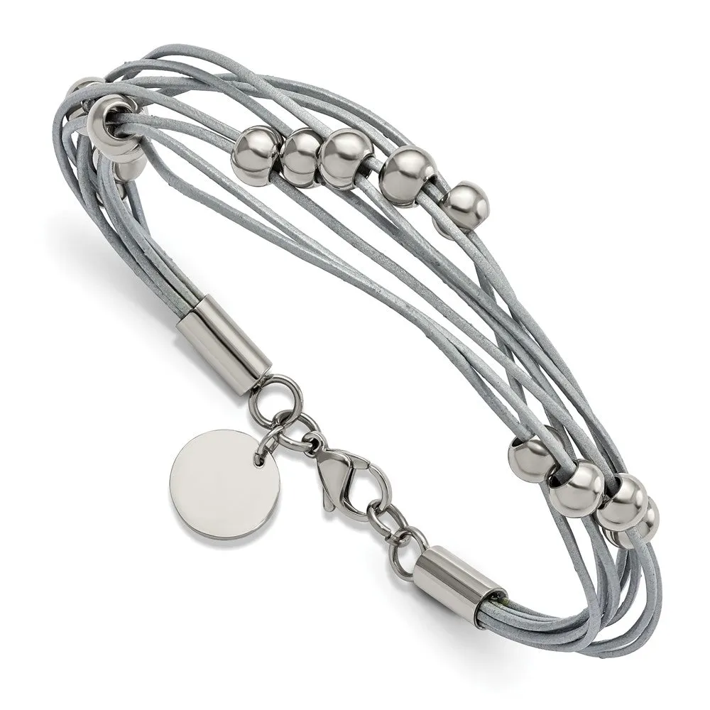 Stainless Steel Polished Beaded Multi-Strand Grey Leather 8in Bracelet