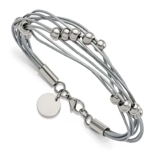 Stainless Steel Polished Beaded Multi-Strand Grey Leather 8in Bracelet