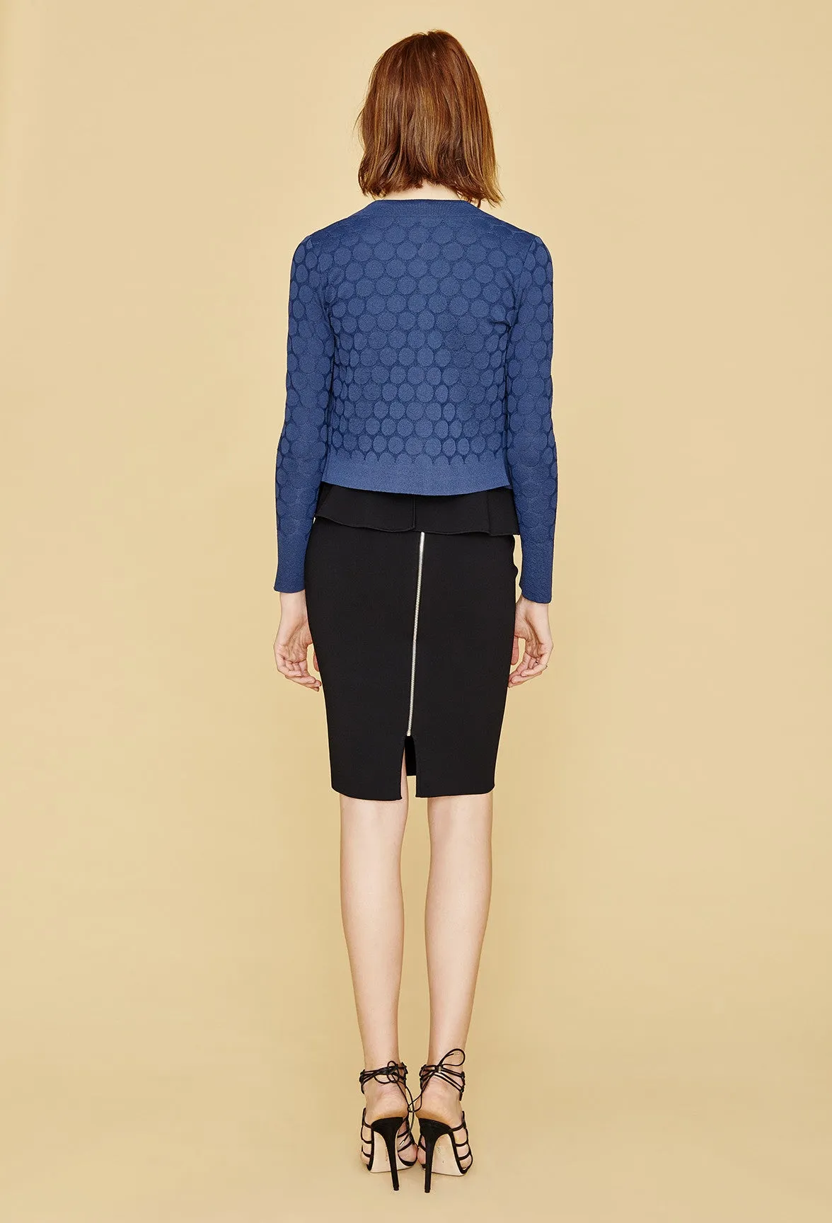 Stephanie - Crepe Knit, Cropped Polka Dot Cardigan Sweater with Single Snap