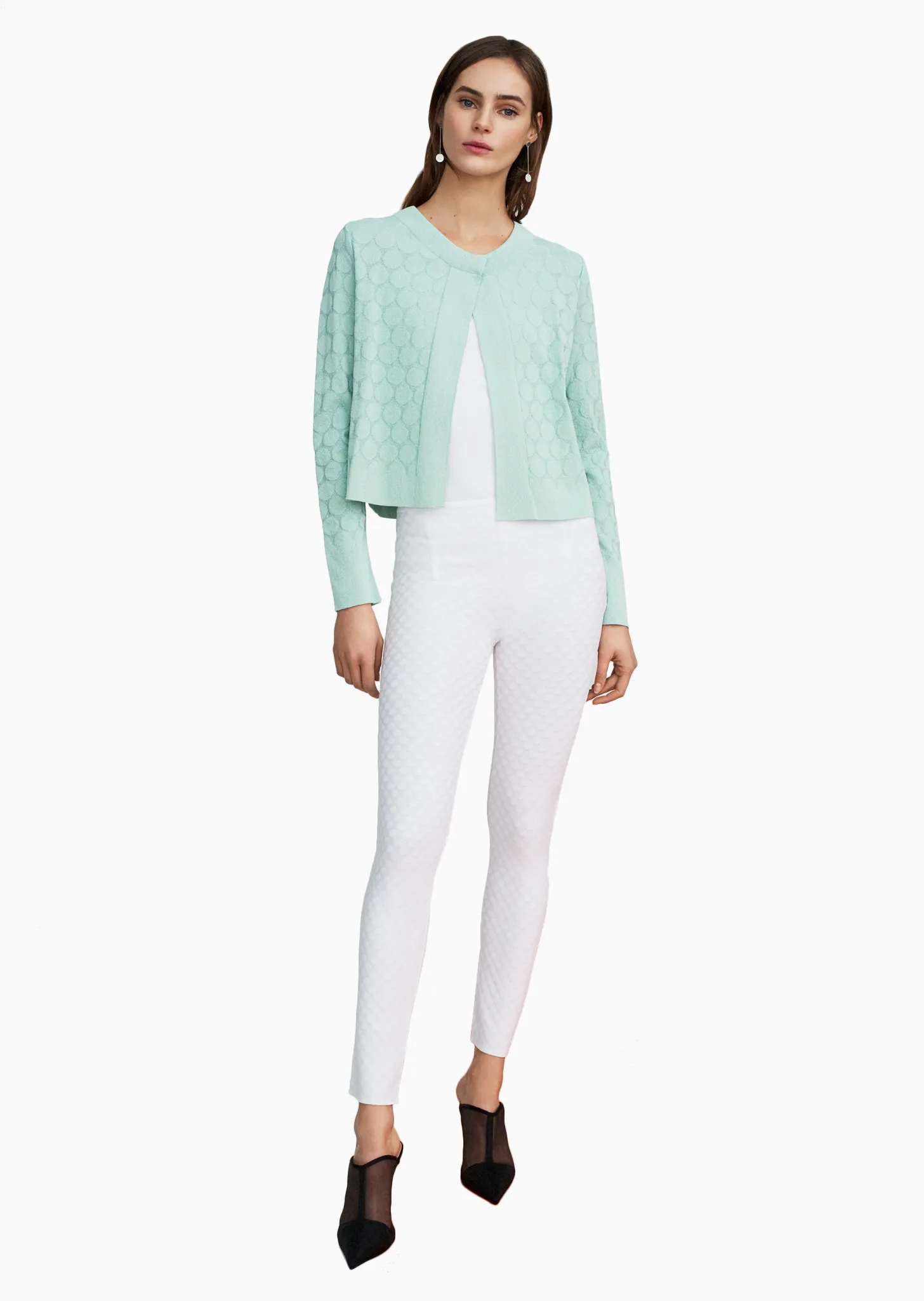 Stephanie - Crepe Knit, Cropped Polka Dot Cardigan Sweater with Single Snap