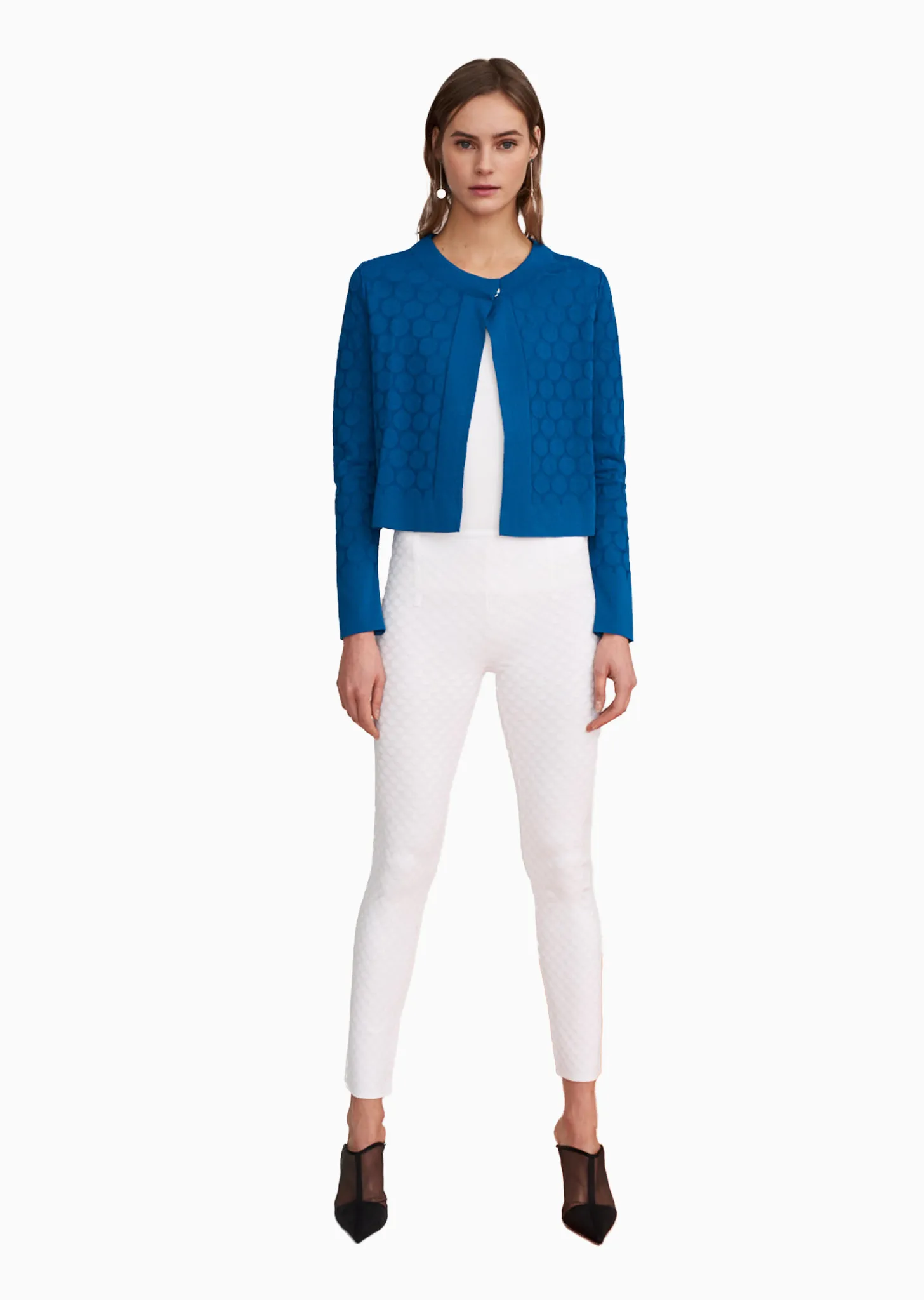 Stephanie - Crepe Knit, Cropped Polka Dot Cardigan Sweater with Single Snap