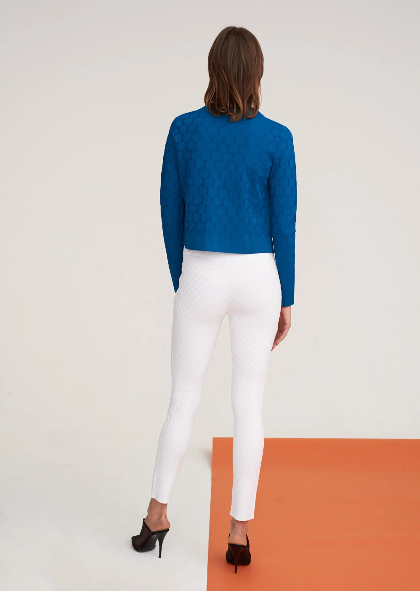 Stephanie - Crepe Knit, Cropped Polka Dot Cardigan Sweater with Single Snap