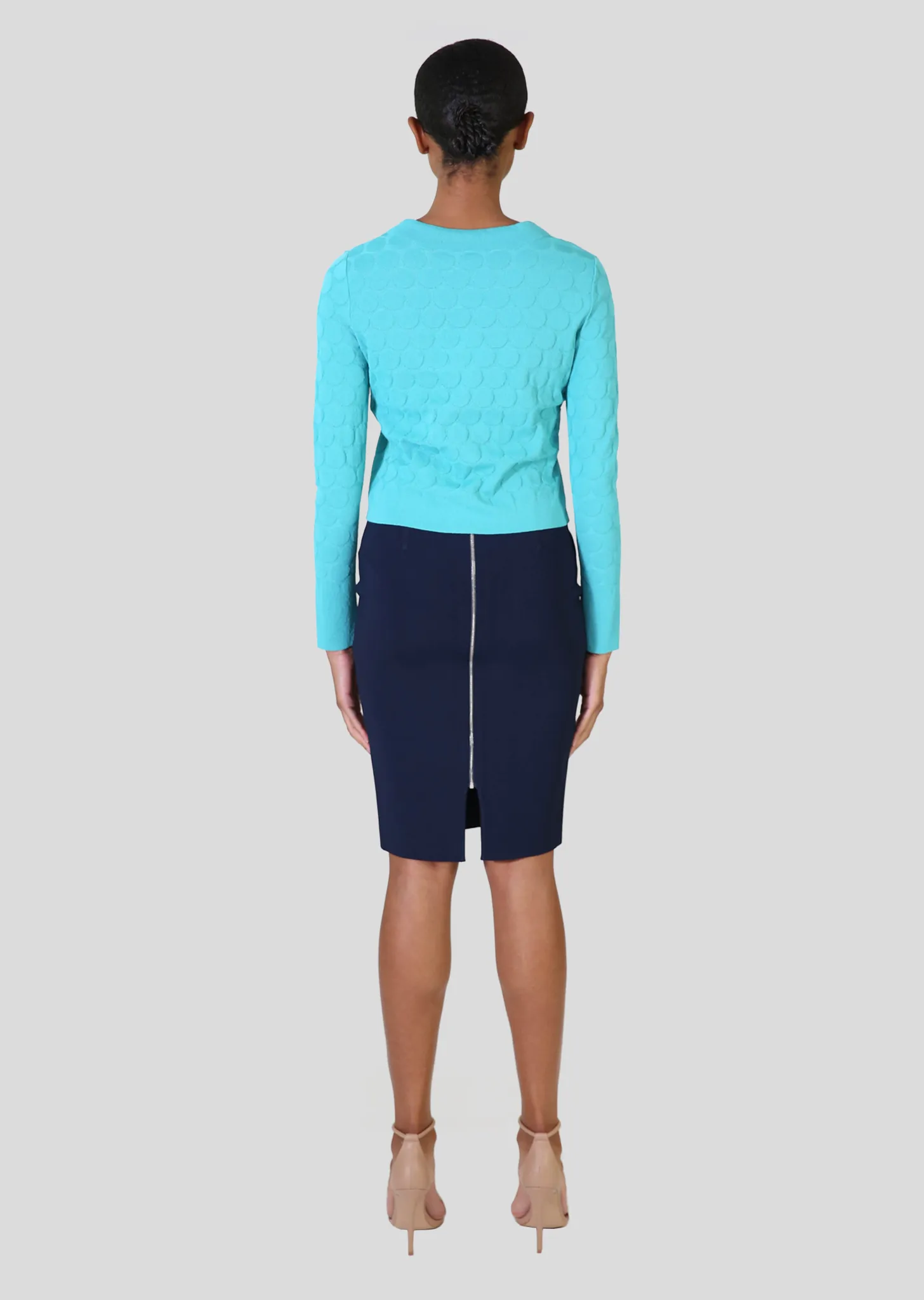 Stephanie - Crepe Knit, Cropped Polka Dot Cardigan Sweater with Single Snap
