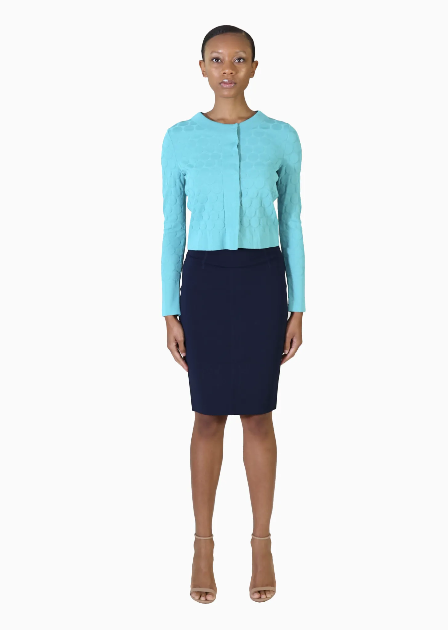 Stephanie - Crepe Knit, Cropped Polka Dot Cardigan Sweater with Single Snap