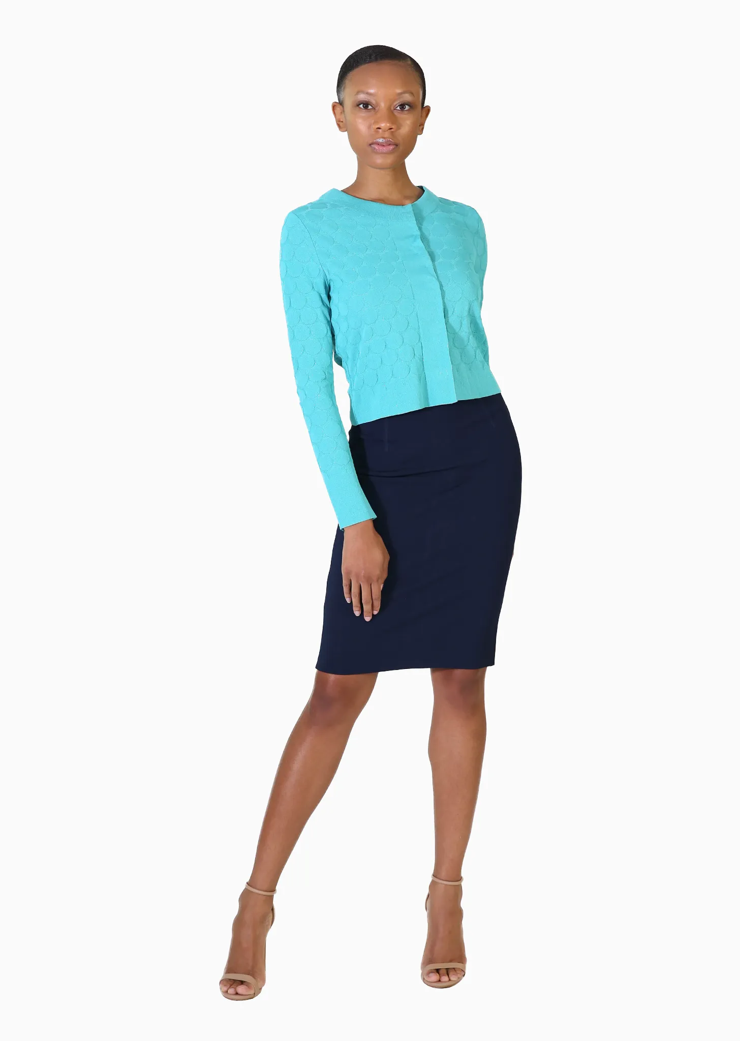 Stephanie - Crepe Knit, Cropped Polka Dot Cardigan Sweater with Single Snap