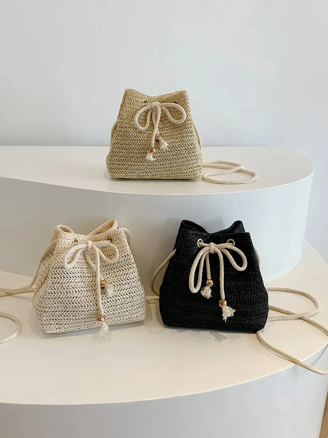 Straw Braided Drawstring Bucket Bag