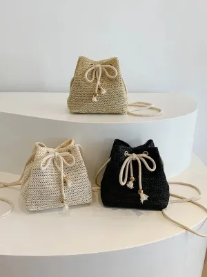 Straw Braided Drawstring Bucket Bag
