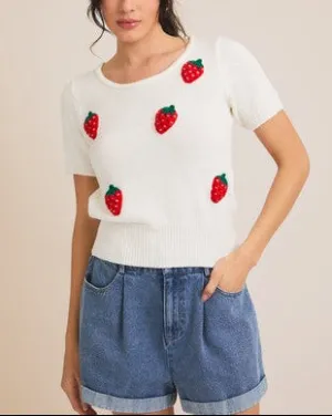 Strawberry Kiss Embroidered Short Sleeve Knit Top