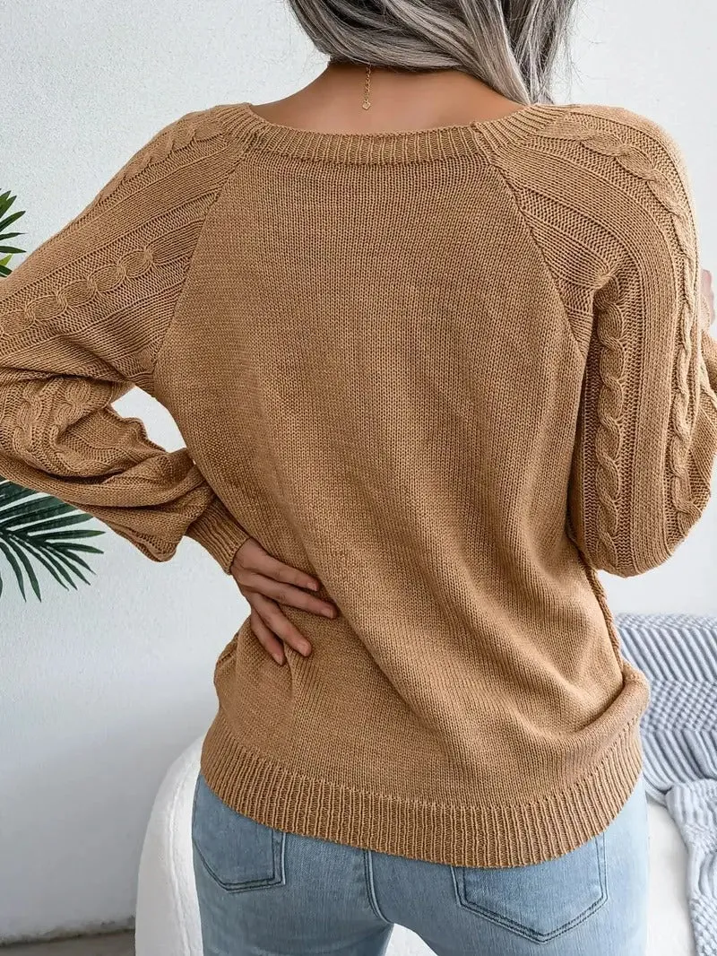 Stunncal Women's Stylish Round Neck Texture Button Lantern Sleeve Sweater