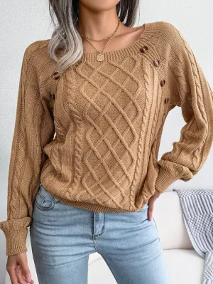 Stunncal Women's Stylish Round Neck Texture Button Lantern Sleeve Sweater