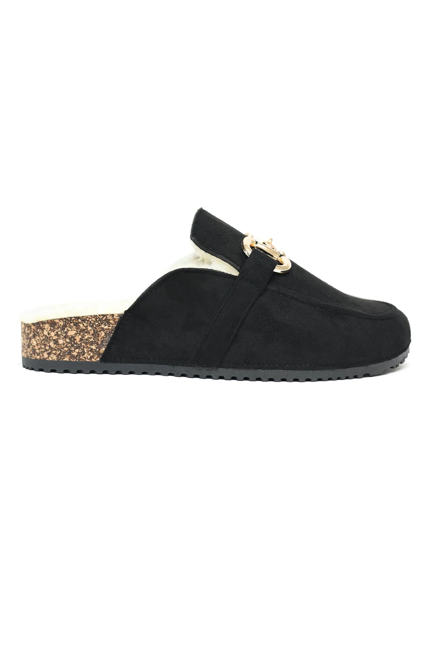 SUEDE FUR-LINED HORSEBIT CLOGS-BLACK