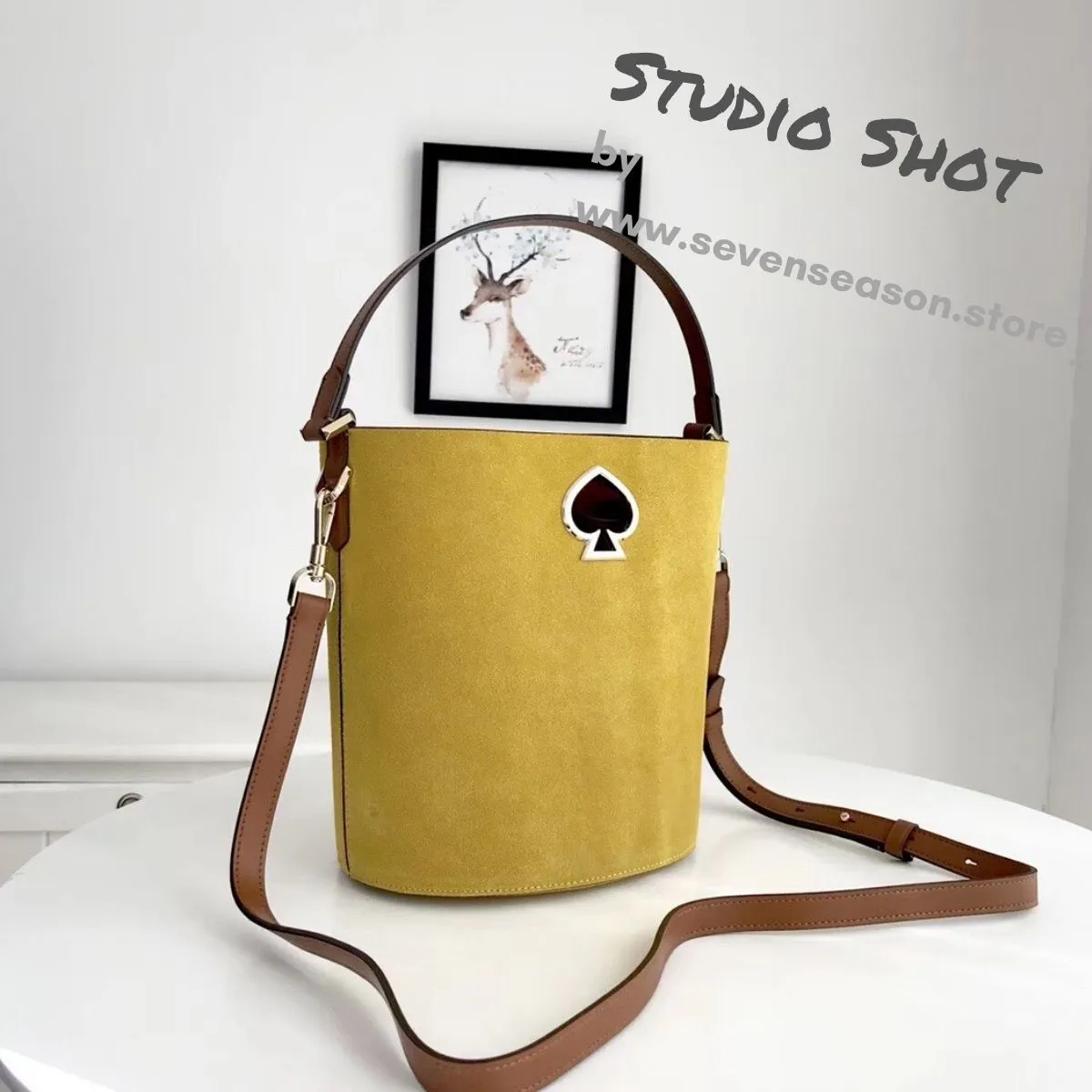 Suzy Suede Small Mustard Bucket Bag