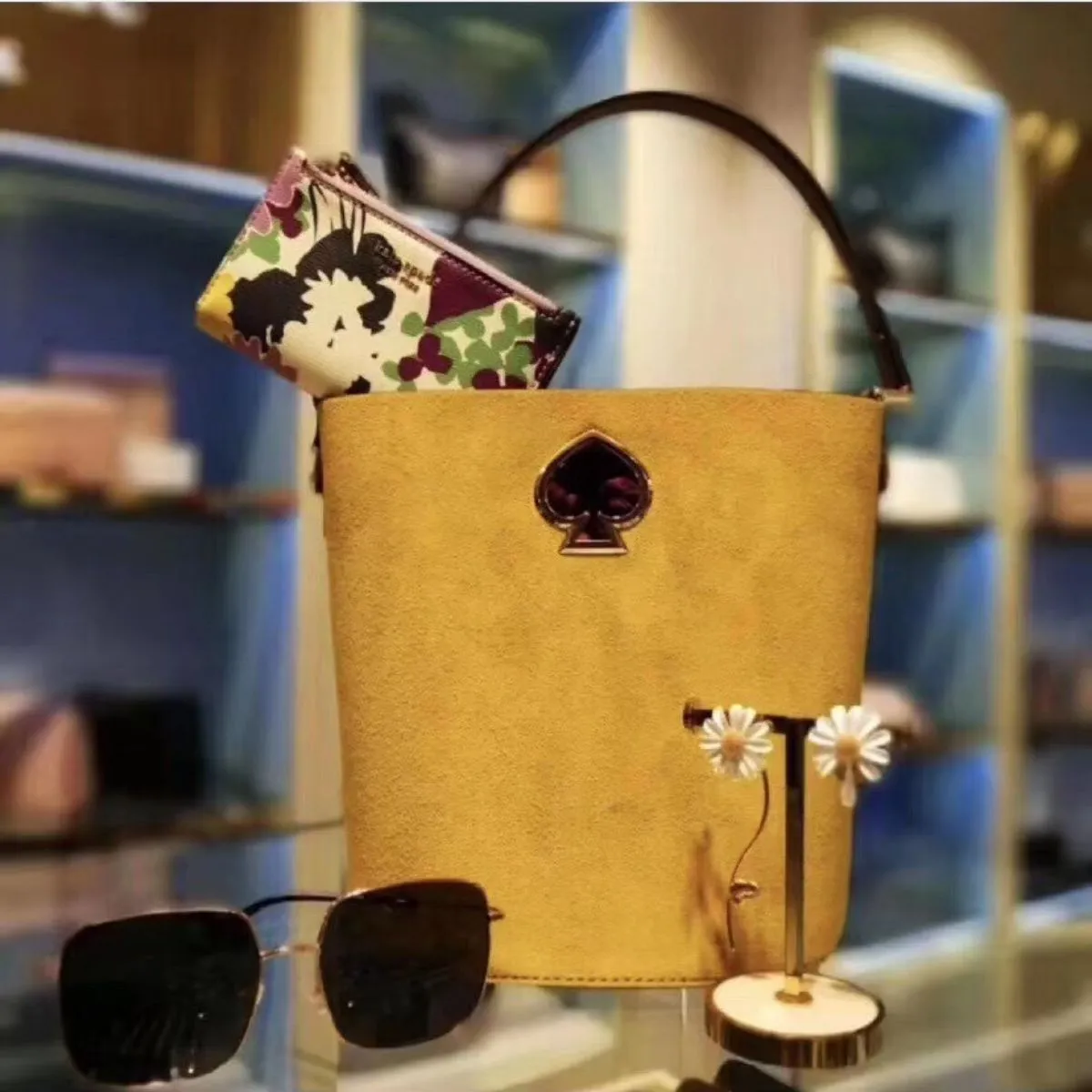 Suzy Suede Small Mustard Bucket Bag