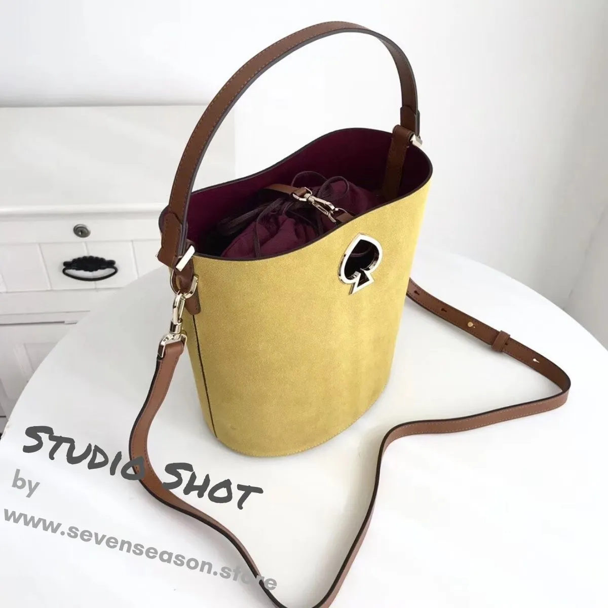 Suzy Suede Small Mustard Bucket Bag