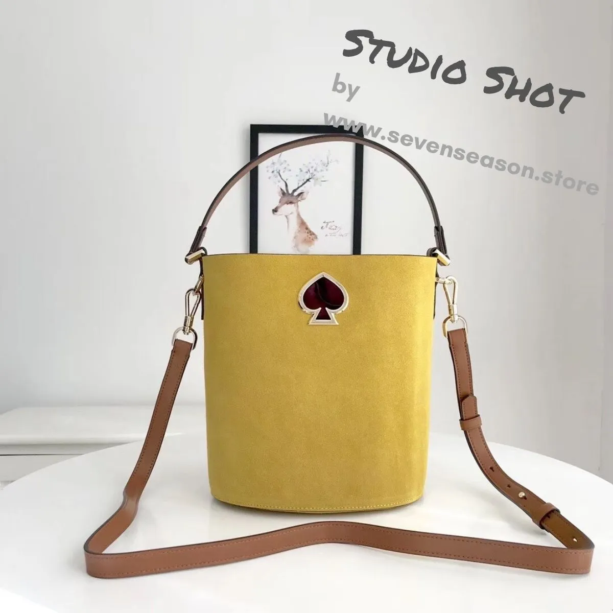 Suzy Suede Small Mustard Bucket Bag