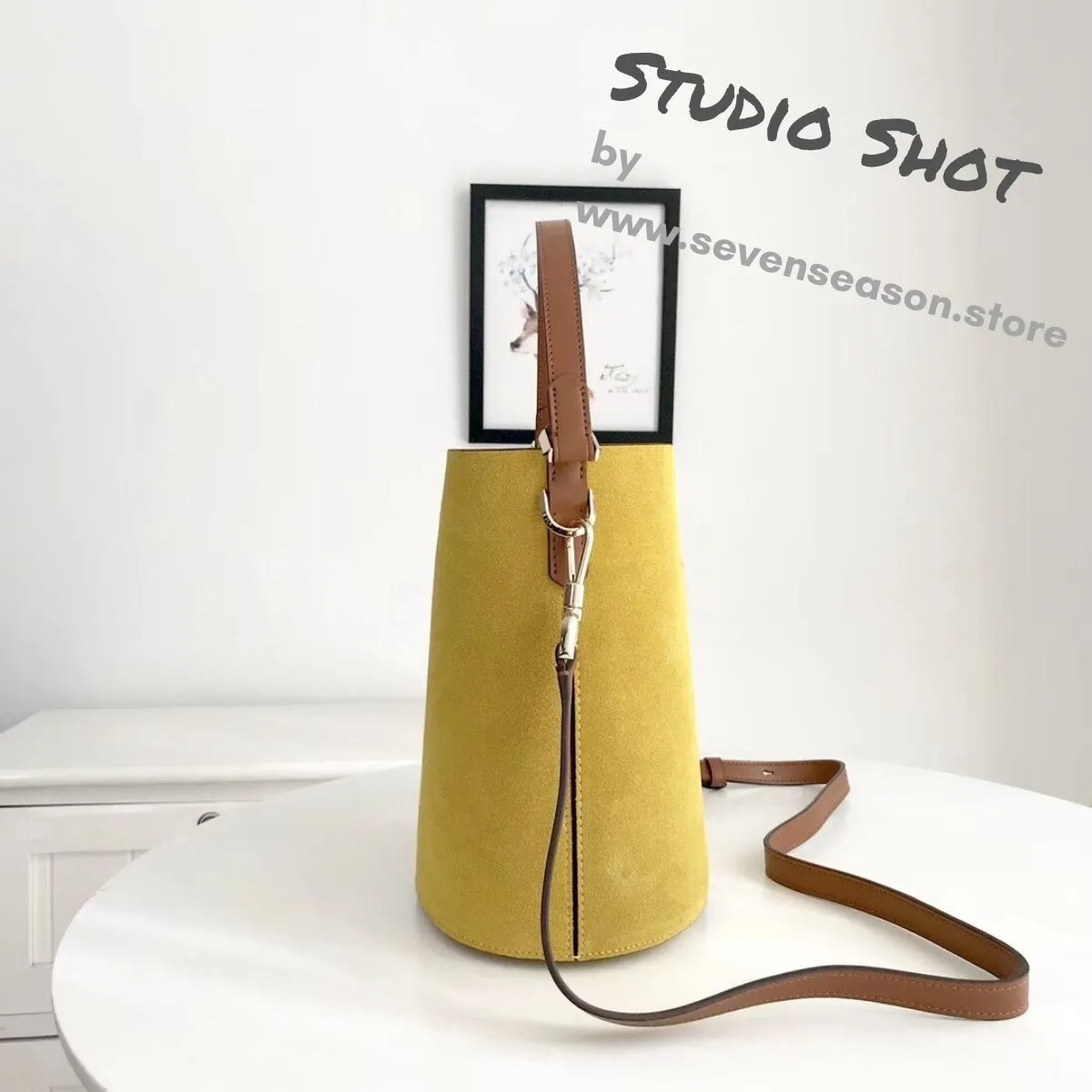 Suzy Suede Small Mustard Bucket Bag