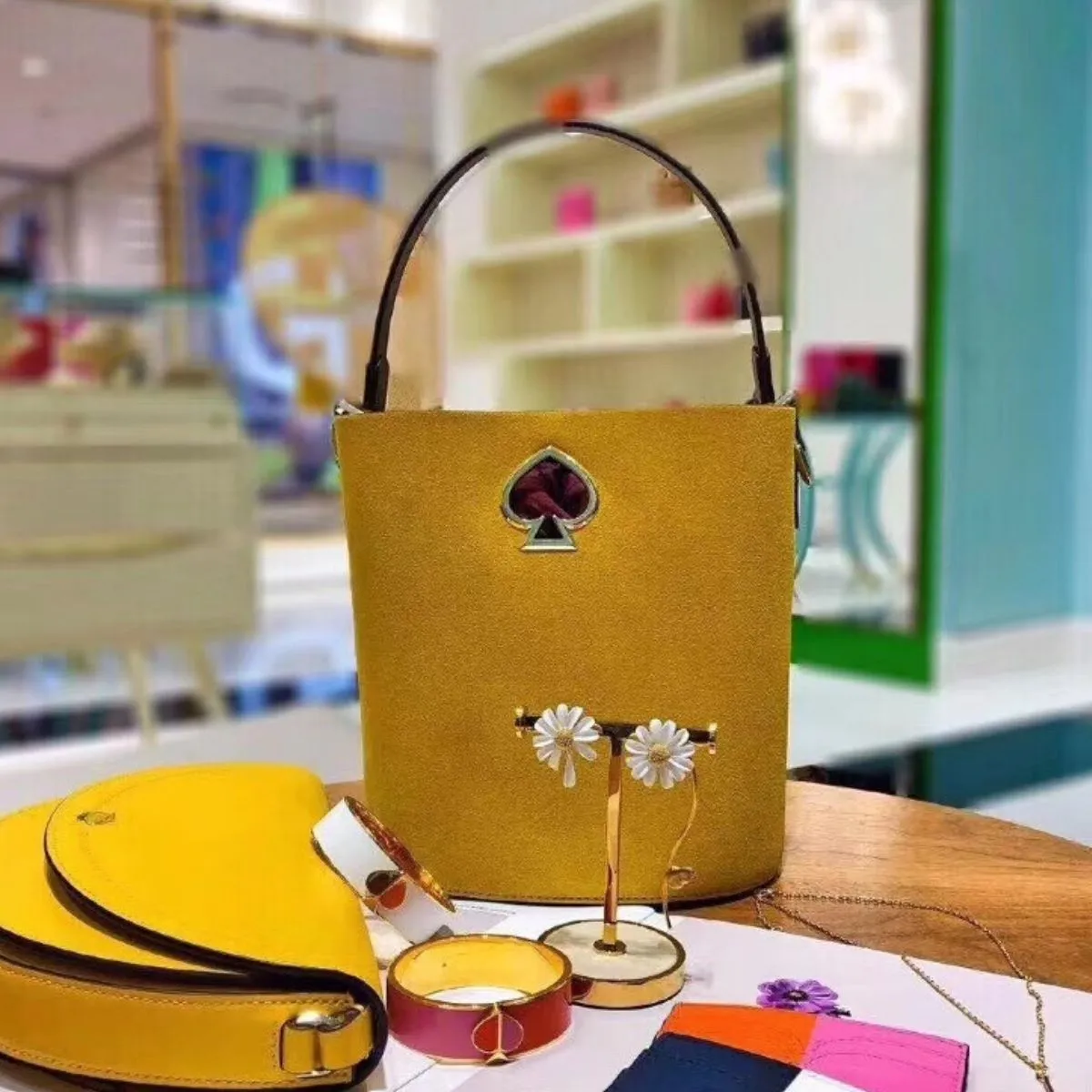 Suzy Suede Small Mustard Bucket Bag