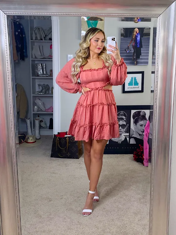 Sweet As Cider Ruffle Dress with Cut Out Sides, Rust