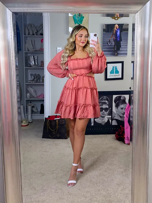 Sweet As Cider Ruffle Dress with Cut Out Sides, Rust