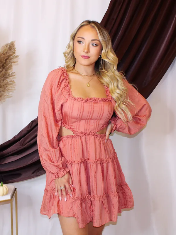 Sweet As Cider Ruffle Dress with Cut Out Sides, Rust