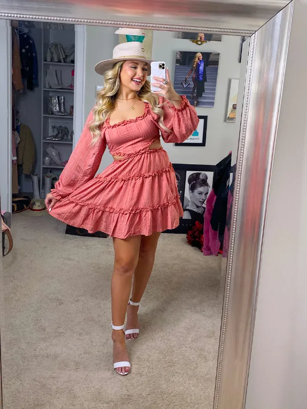Sweet As Cider Ruffle Dress with Cut Out Sides, Rust