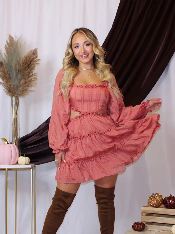 Sweet As Cider Ruffle Dress with Cut Out Sides, Rust