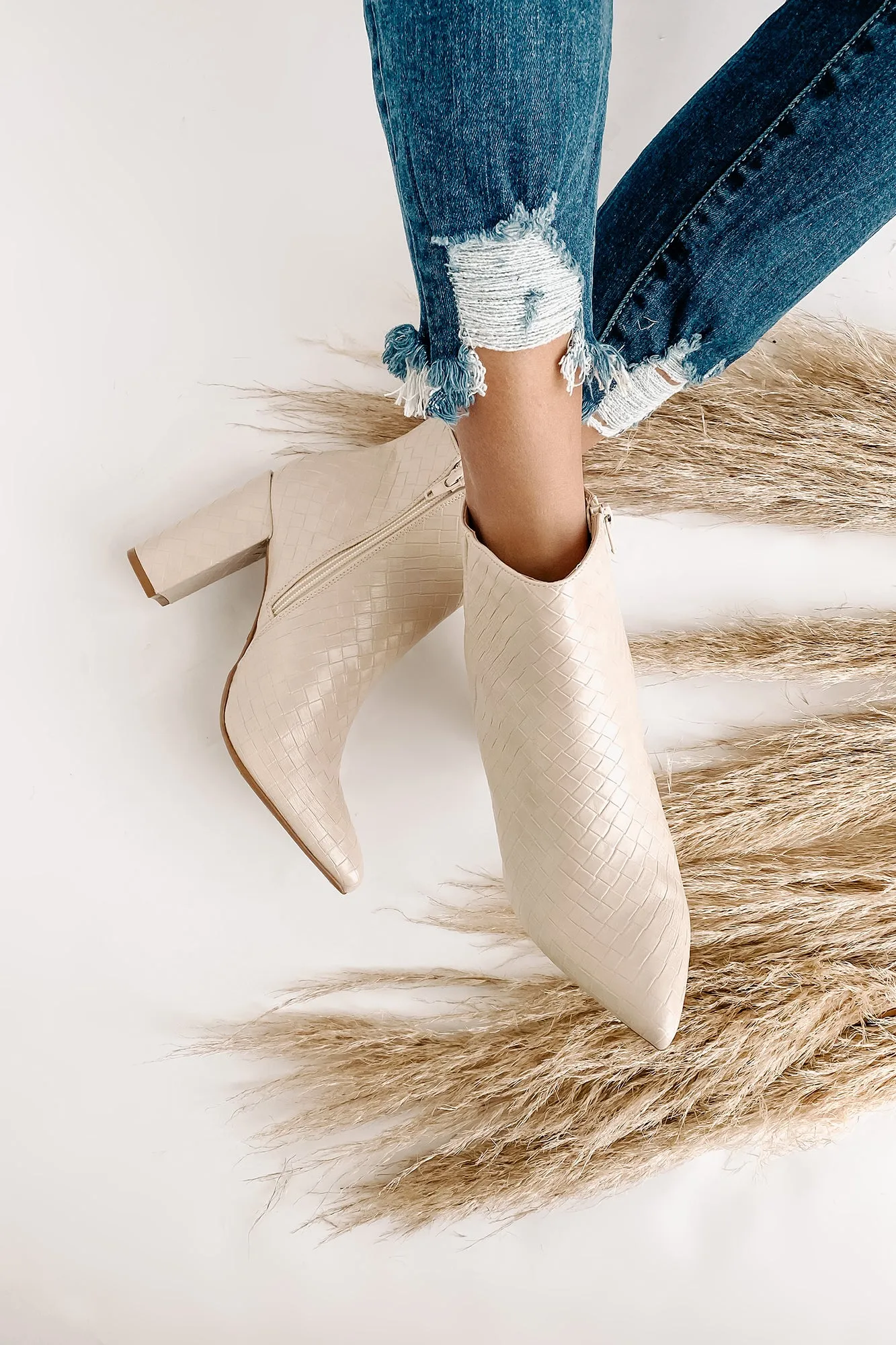Tabby Faux Leather Woven Textured Booties (Ivory)