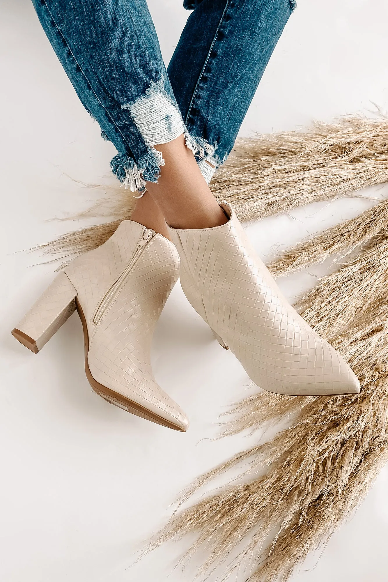 Tabby Faux Leather Woven Textured Booties (Ivory)